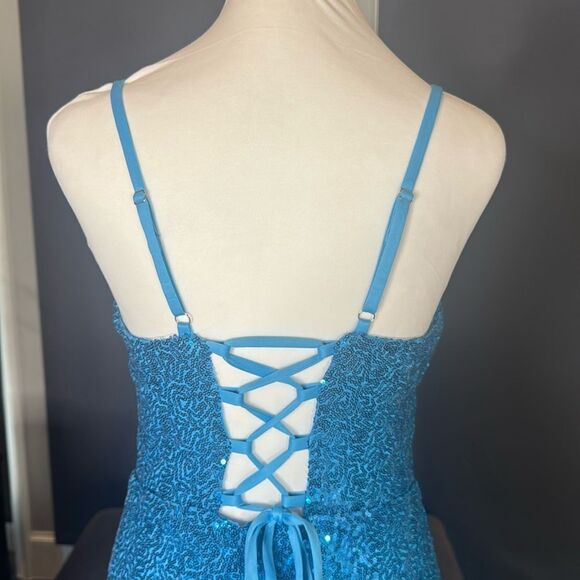 Women’s Blue Sequined Short Prom Party Homecoming Dress Ruffle Hem Size 8 - Picture 7 of 13